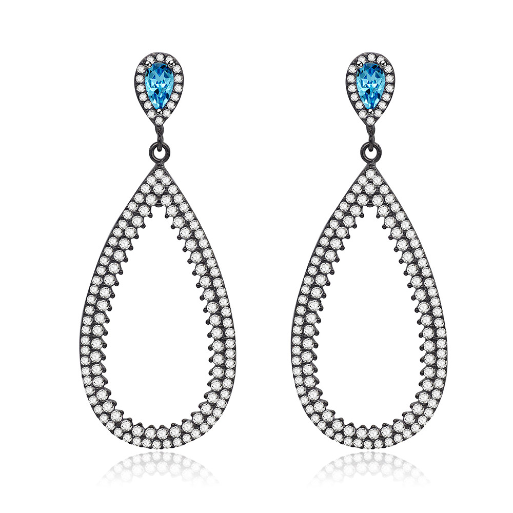 Blue Gemstone Black Gold Halo Pear CZ Earrings